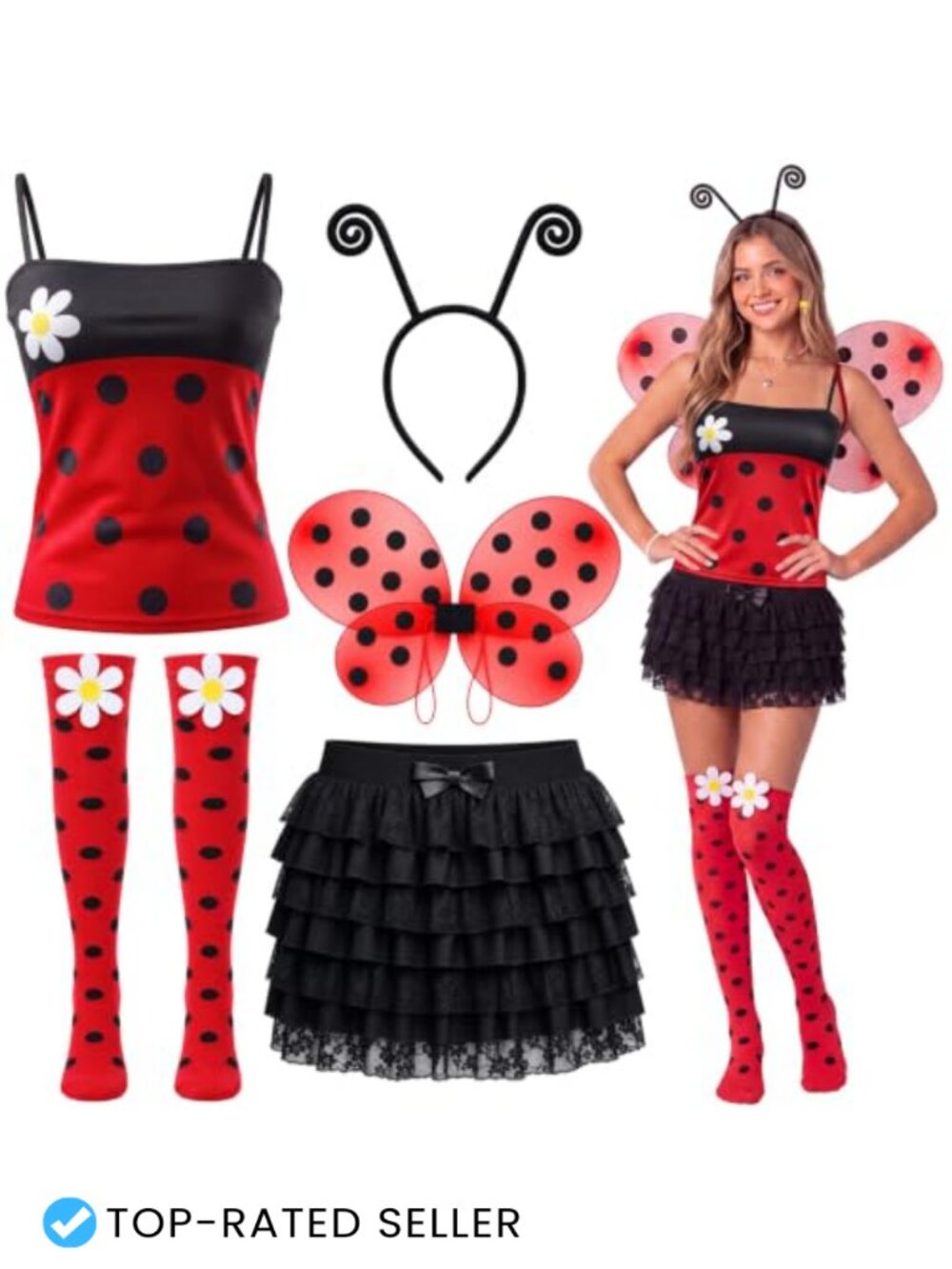 Women's Insect Costume Set Ladybug Polka Dot Tube Top Lace Skirt Wings